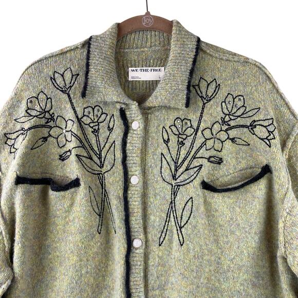 We The Free Wildflower Cardigan Sweater Size L Sage Green Tan Boho Embroidered - Picture 3 of 9